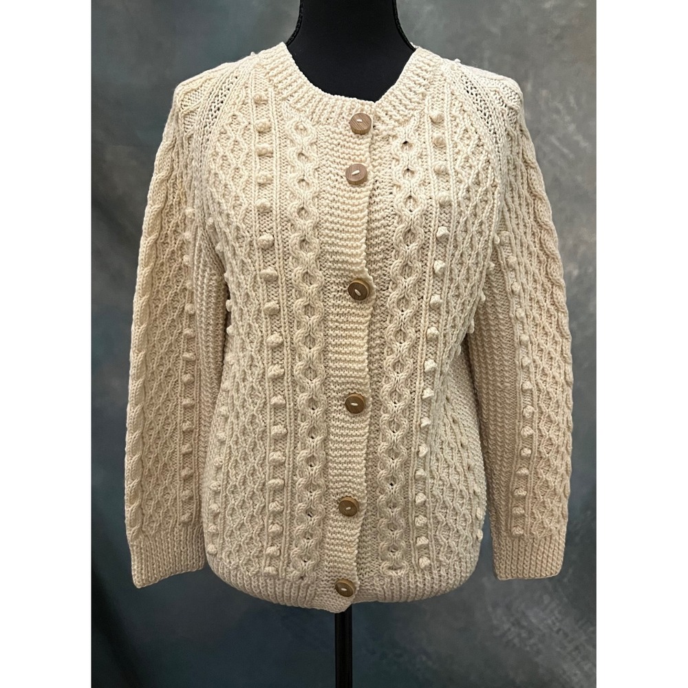 Vintage‎ Liffey Designs Hand Knit Wool Aran Cardigan Irish Fisherman Sweater